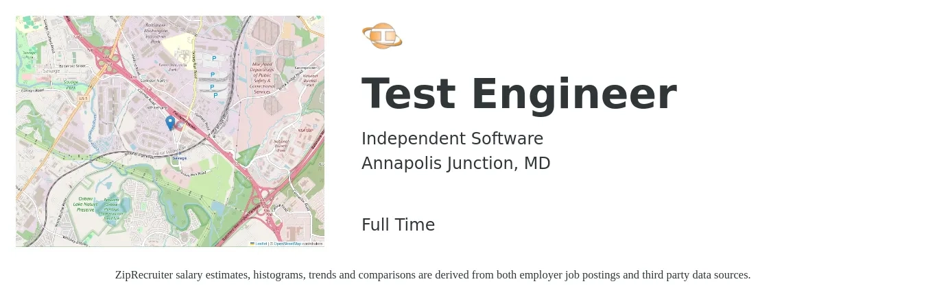 Independent Software job posting for a Test Engineer in Annapolis Junction, MD with a salary of $36 to $56 Hourly with a map of Annapolis Junction location.