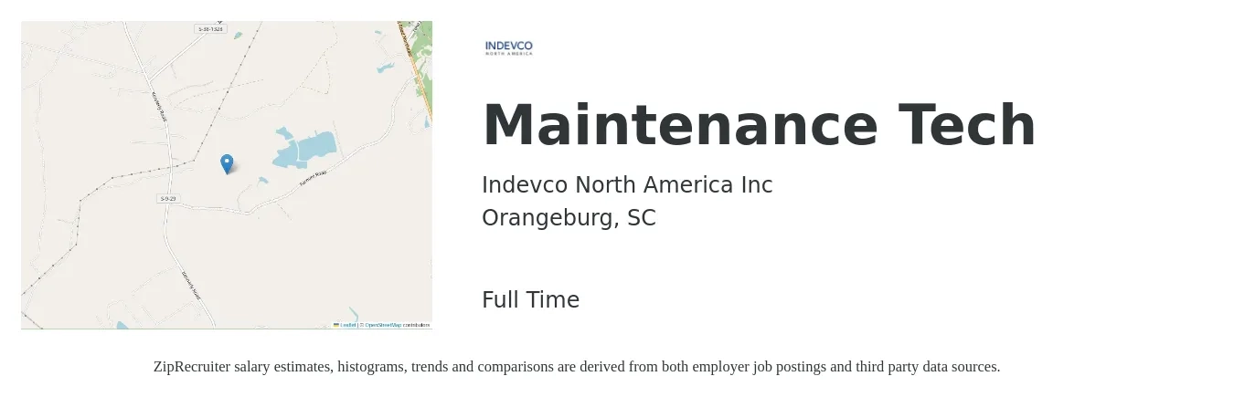 Indevco North America Inc job posting for a Maintenance Tech in Orangeburg, SC with a salary of $18 to $26 Hourly with a map of Orangeburg location.