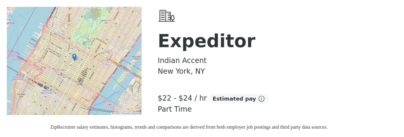 Indian Accent job posting for a Expeditor in New York, NY with a salary of $23 to $25 Hourly with a map of New York location.