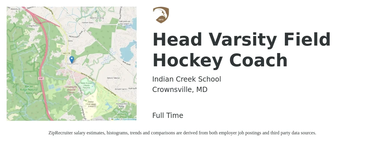 Indian Creek School job posting for a Head Varsity Field Hockey Coach in Crownsville, MD with a salary of $21,000 to $53,600 Yearly with a map of Crownsville location.