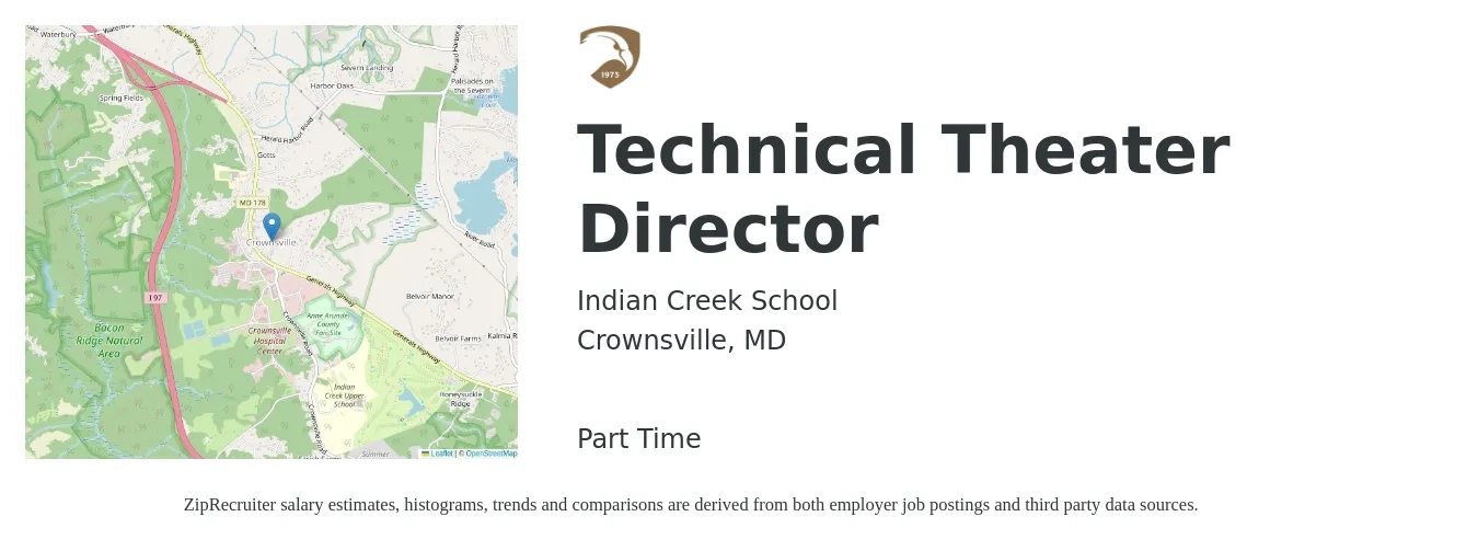Indian Creek School job posting for a Technical Theater Director in Crownsville, MD with a salary of $68,200 to $154,900 Yearly with a map of Crownsville location.