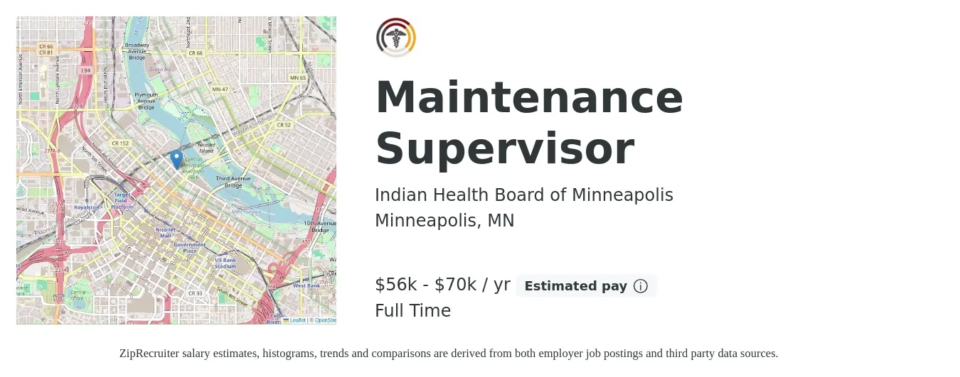 Indian Health Board of Minneapolis job posting for a Maintenance Supervisor in Minneapolis, MN with a salary of $56,000 to $70,000 Yearly with a map of Minneapolis location.