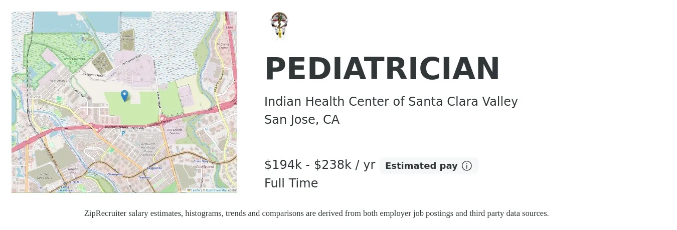 Indian Health Center of Santa Clara Valley job posting for a PEDIATRICIAN in San Jose, CA with a salary of $194,457 to $238,000 Yearly with a map of San Jose location.