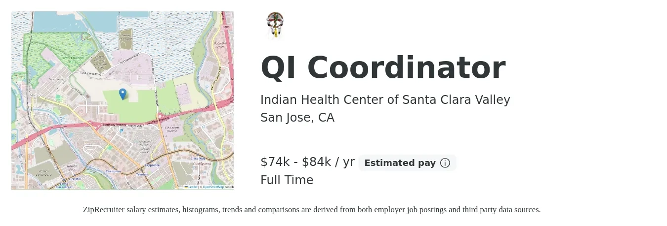 Indian Health Center of Santa Clara Valley job posting for a QI Coordinator in San Jose, CA with a salary of $74,000 to $84,000 Yearly with a map of San Jose location.