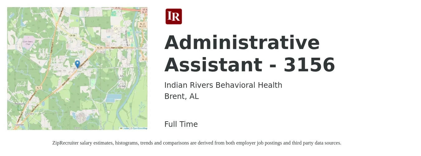 Indian Rivers Behavioral Health job posting for a Administrative Assistant - 3156 in Brent, AL with a salary of $16 to $22 Hourly with a map of Brent location.