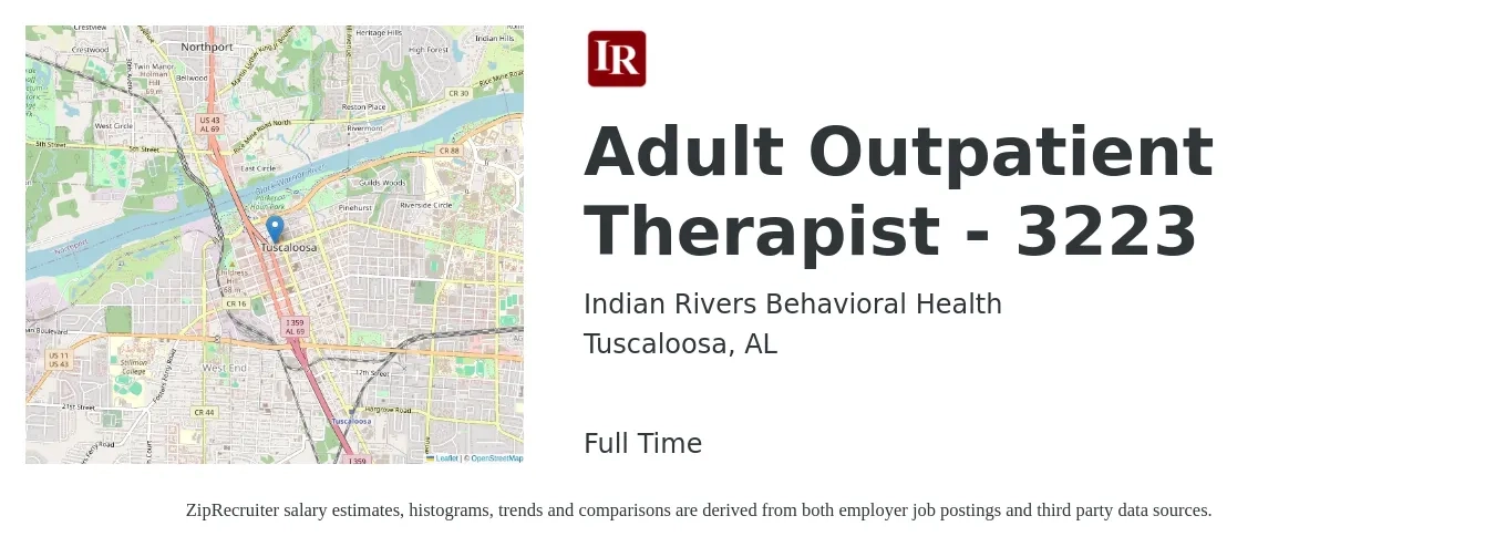 Indian Rivers Behavioral Health job posting for a Adult Outpatient Therapist - 3223 in Tuscaloosa, AL with a salary of $46,900 to $64,900 Yearly with a map of Tuscaloosa location.