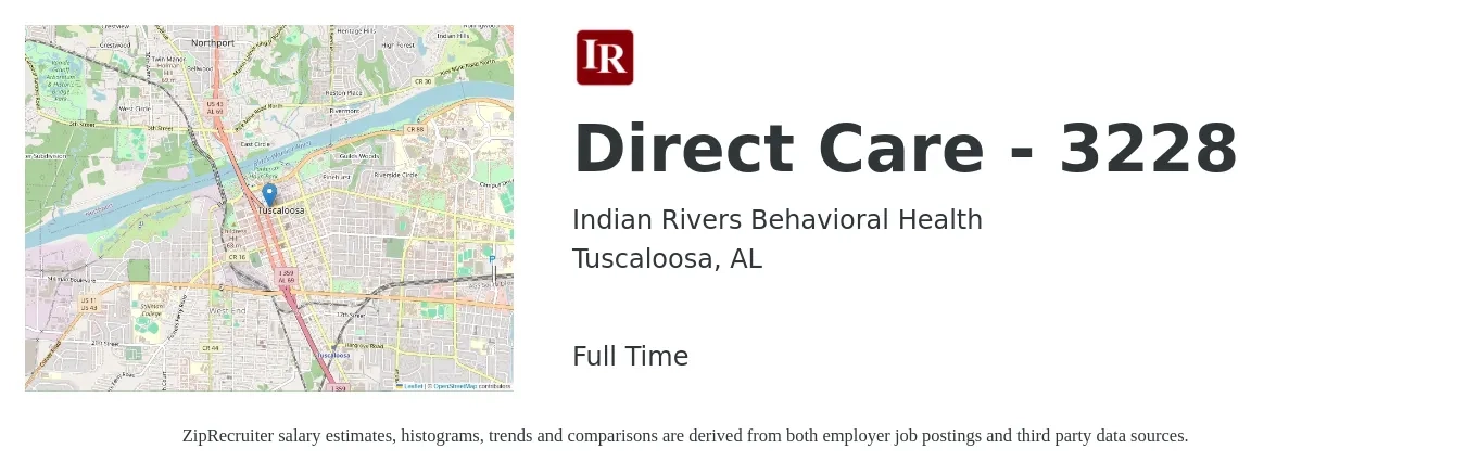 Indian Rivers Behavioral Health job posting for a Direct Care - 3228 in Tuscaloosa, AL with a salary of $14 to $17 Hourly with a map of Tuscaloosa location.