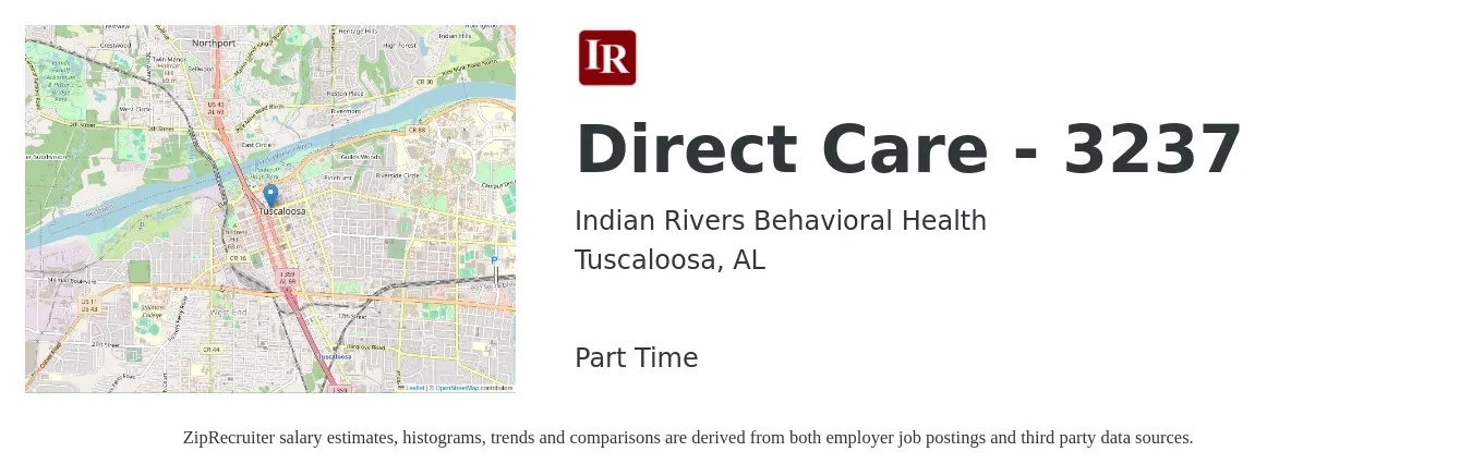Indian Rivers Behavioral Health job posting for a Direct Care - 3237 in Tuscaloosa, AL with a salary of $14 to $17 Hourly with a map of Tuscaloosa location.