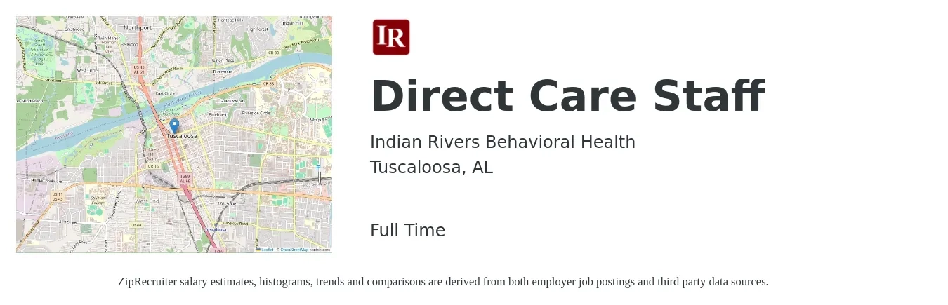 Indian Rivers Behavioral Health job posting for a Direct Care Staff in Tuscaloosa, AL with a map of Tuscaloosa location.
