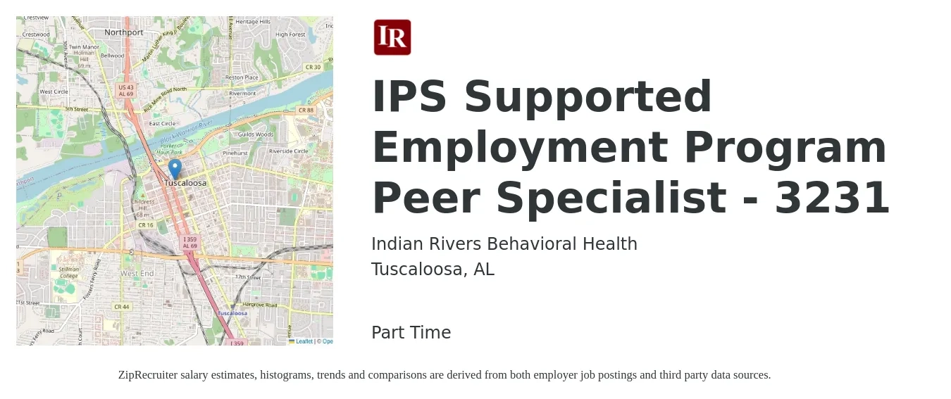 Indian Rivers Behavioral Health job posting for a IPS Supported Employment Program Peer Specialist - 3231 in Tuscaloosa, AL with a salary of $16 to $20 Hourly with a map of Tuscaloosa location.