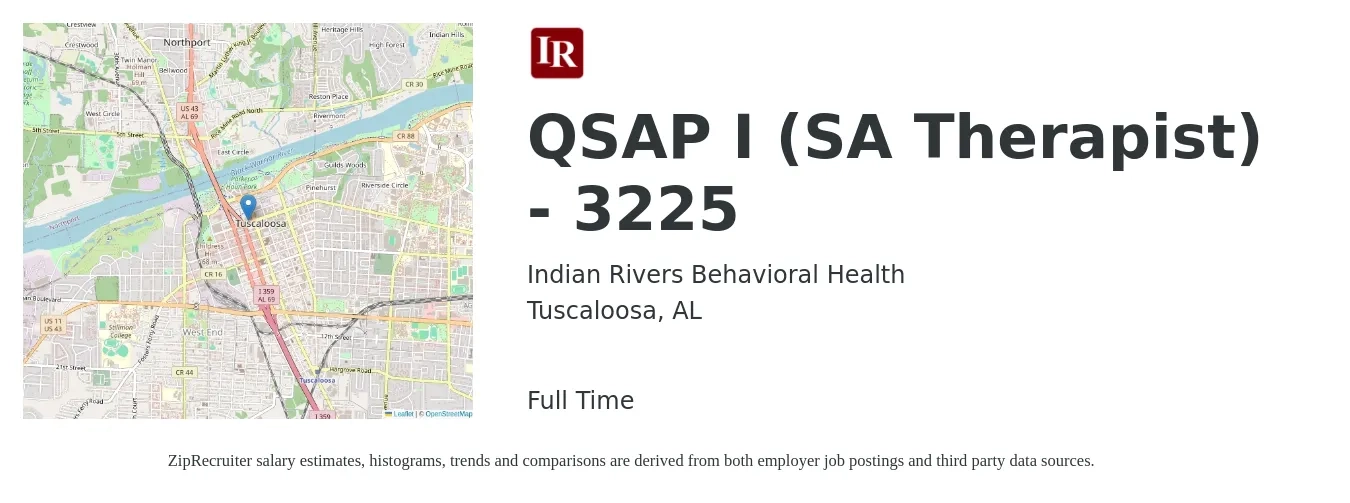 Indian Rivers Behavioral Health job posting for a QSAP I (SA Therapist) - 3225 in Tuscaloosa, AL with a salary of $48,200 to $60,300 Yearly with a map of Tuscaloosa location.