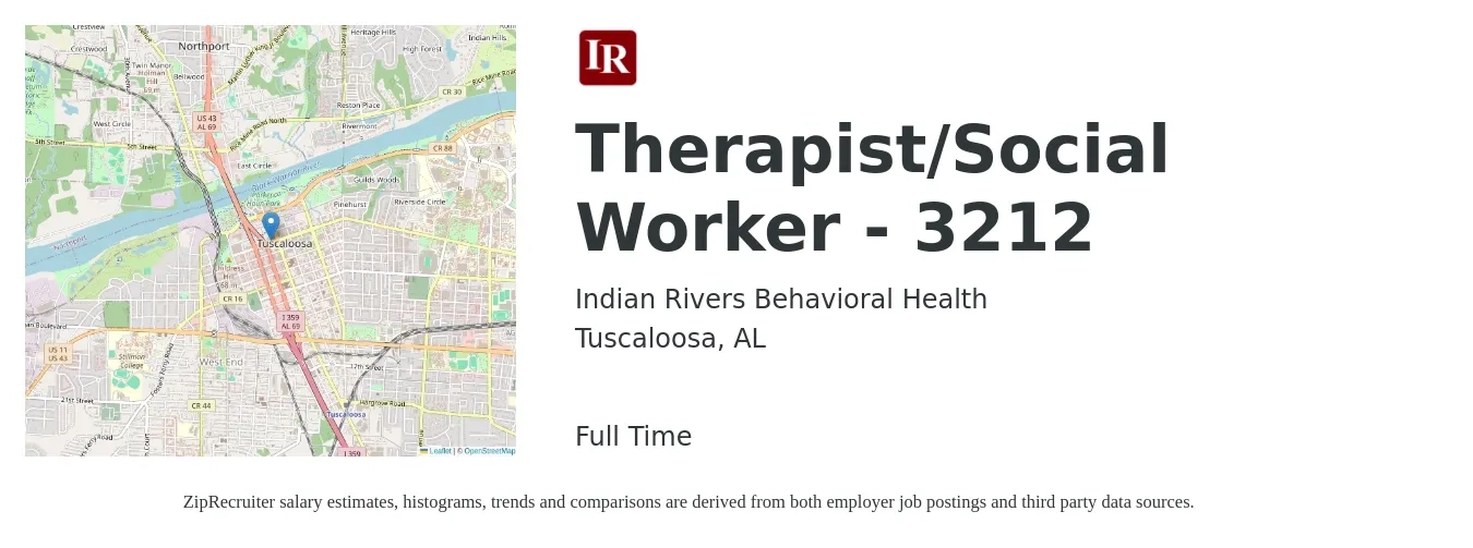 Indian Rivers Behavioral Health job posting for a Therapist/Social Worker - 3212 in Tuscaloosa, AL with a salary of $54,700 to $84,900 Yearly with a map of Tuscaloosa location.