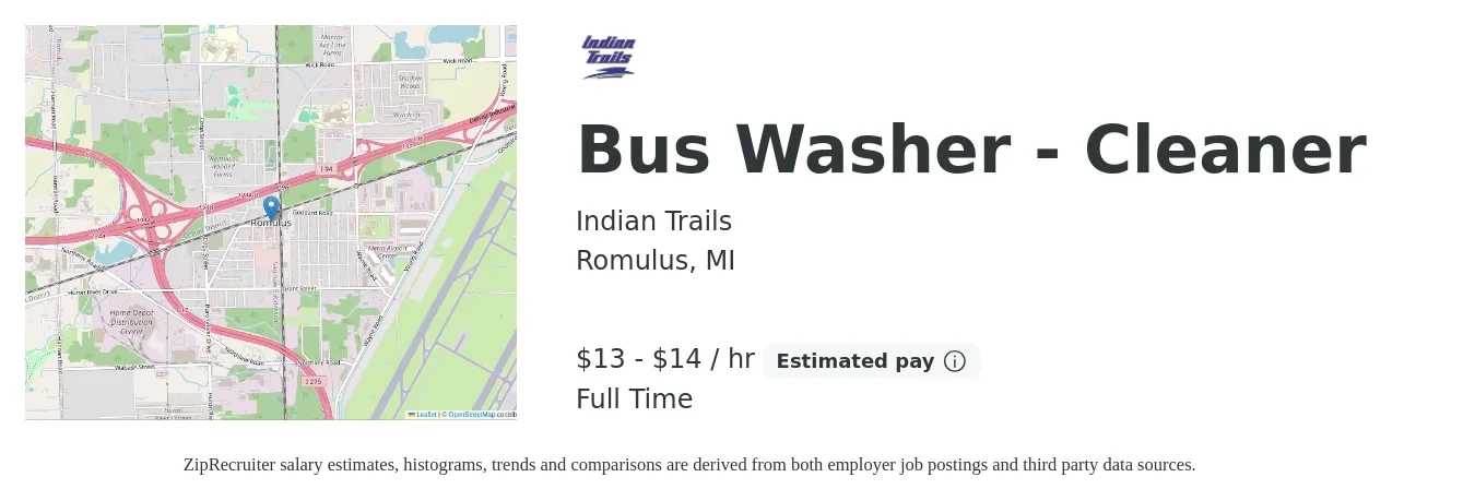 Indian Trails job posting for a Bus Washer - Cleaner in Romulus, MI with a salary of $14 to $15 Hourly with a map of Romulus location.