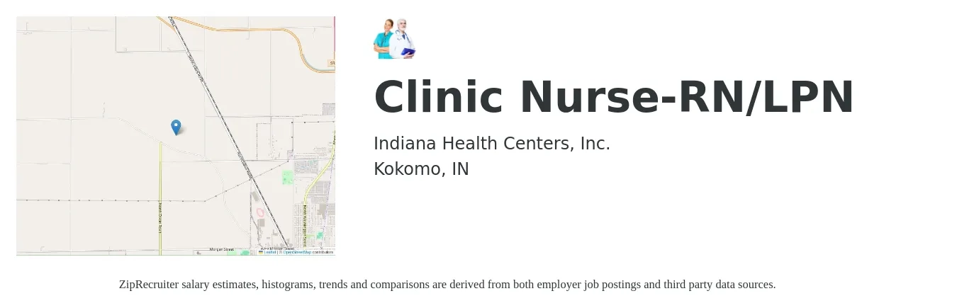 Indiana Health Centers, Inc. job posting for a Clinic Nurse RN/LPN in Kokomo, IN with a salary of $23 to $33 Hourly with a map of Kokomo location.