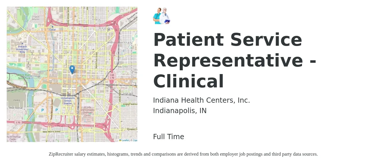 Indiana Health Centers, Inc. job posting for a Patient Service Representative - Clinical in Indianapolis, IN with a salary of $17 to $21 Hourly with a map of Indianapolis location.