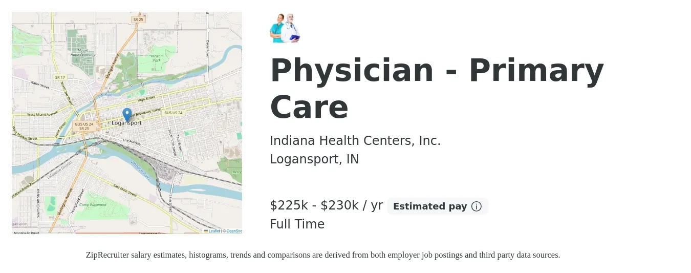 Indiana Health Centers, Inc. job posting for a Physician - Primary Care in Logansport, IN with a salary of $225,000 to $230,000 Yearly with a map of Logansport location.