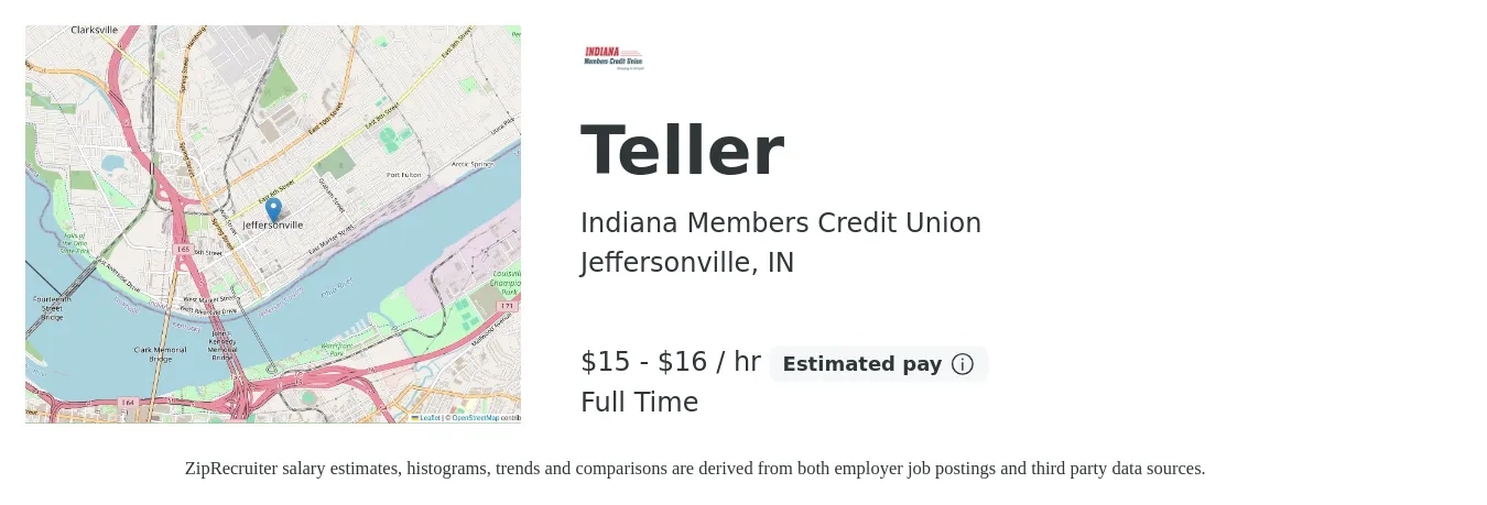Indiana Members Credit Union job posting for a Teller in Jeffersonville, IN with a salary of $16 to $17 Hourly with a map of Jeffersonville location.