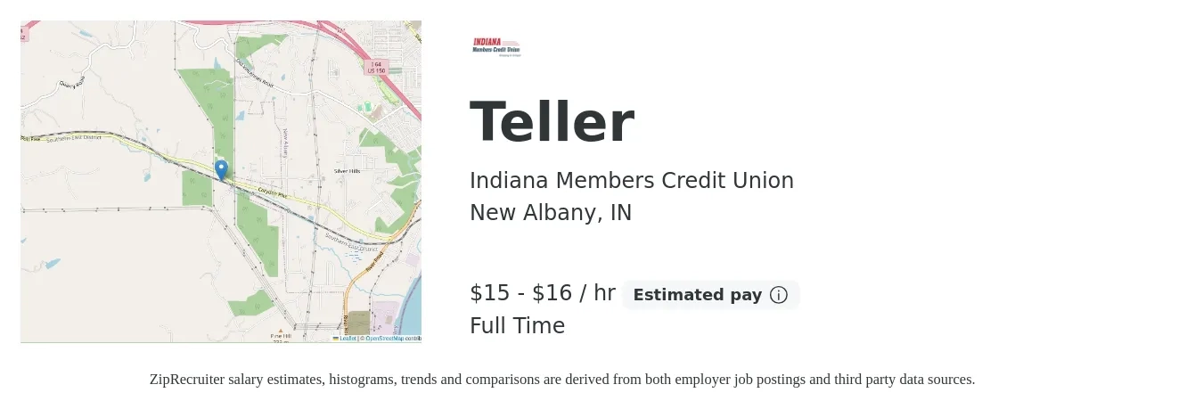 Indiana Members Credit Union job posting for a Teller in New Albany, IN with a salary of $16 to $17 Hourly with a map of New Albany location.