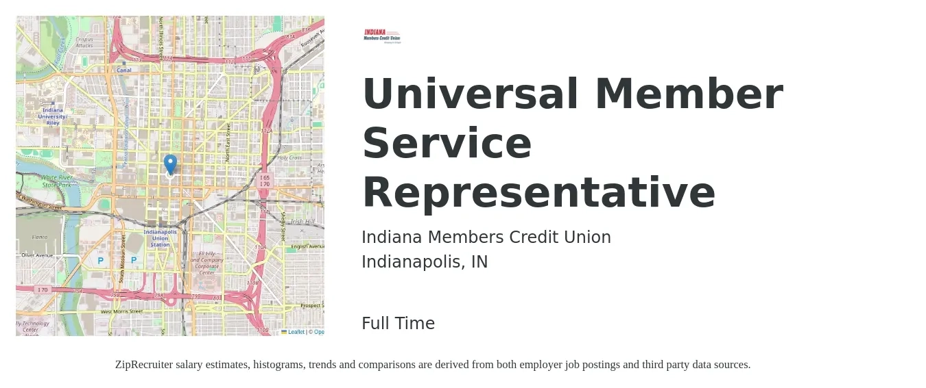 Indiana Members Credit Union job posting for a Universal Member Service Representative in Indianapolis, IN with a salary of $12 to $19 Hourly with a map of Indianapolis location.