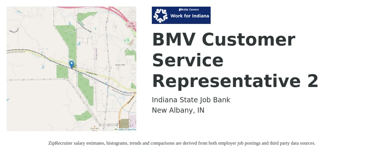 Indiana State Job Bank job posting for a BMV Customer Service Representative 2 in New Albany, IN with a salary of $15 to $20 Hourly with a map of New Albany location.
