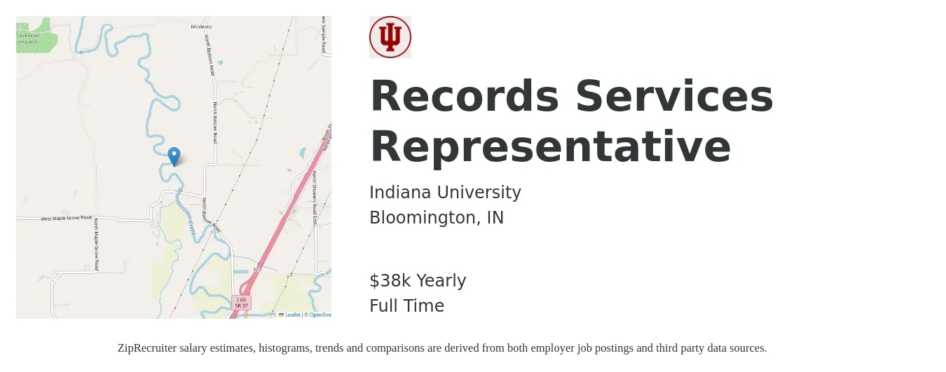 Indiana University job posting for a Records Services Representative in Bloomington, IN with a salary of $38,600 Yearly with a map of Bloomington location.
