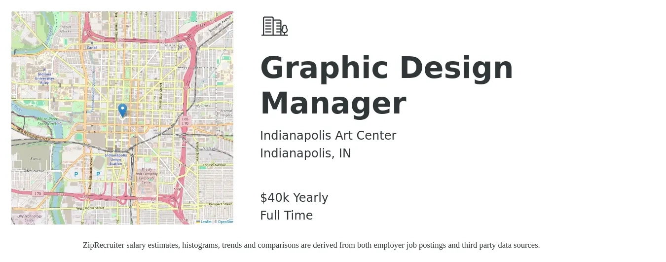 Indianapolis Art Center job posting for a Graphic Design Manager in Indianapolis, IN with a salary of $40,000 Yearly with a map of Indianapolis location.