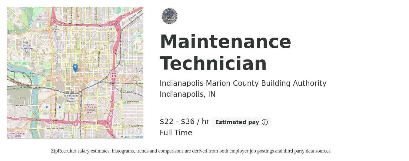 Indianapolis Marion County Building Authority job posting for a Maintenance Technician in Indianapolis, IN with a salary of $23 to $38 Hourly with a map of Indianapolis location.