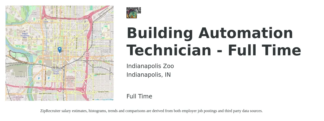 Indianapolis Zoo job posting for a Building Automation Technician - Full Time in Indianapolis, IN with a salary of $38,000 Yearly with a map of Indianapolis location.