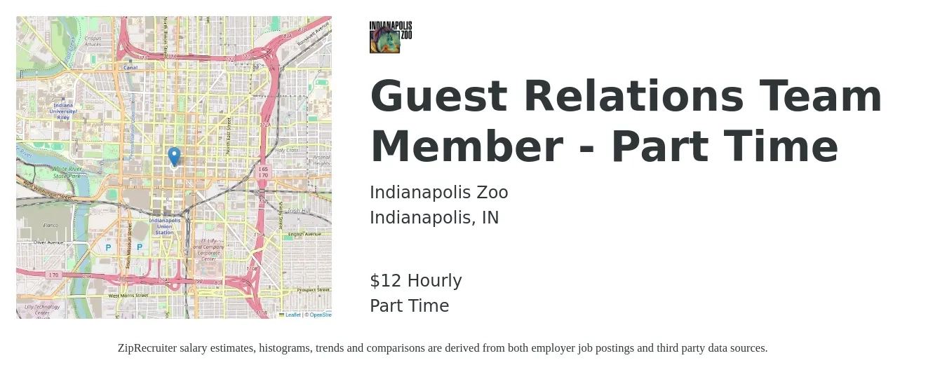 Indianapolis Zoo job posting for a Guest Relations Team Member - Part Time in Indianapolis, IN with a salary of $13 Hourly with a map of Indianapolis location.