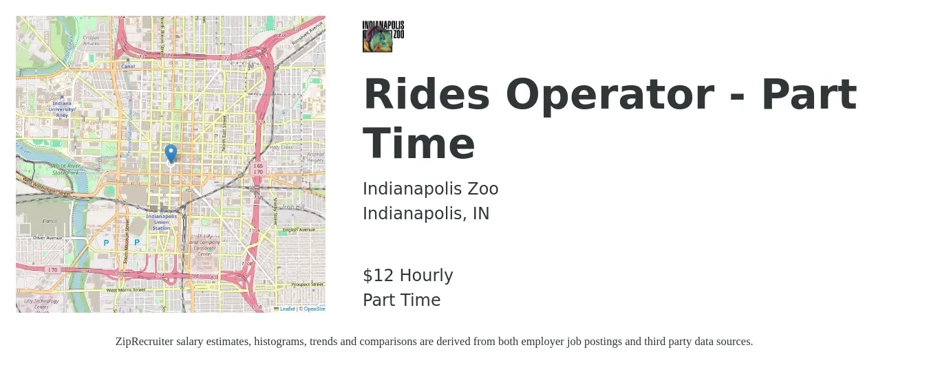 Indianapolis Zoo job posting for a Rides Operator - Part Time in Indianapolis, IN with a salary of $13 Hourly with a map of Indianapolis location.