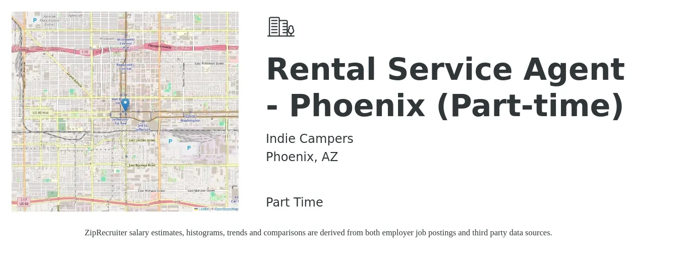 Indie Campers job posting for a Rental Service Agent - Phoenix (Part-time) in Phoenix, AZ with a salary of $17 to $21 Hourly with a map of Phoenix location.