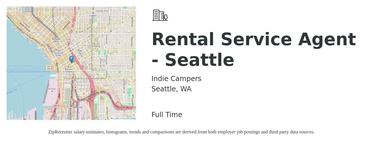 Indie Campers job posting for a Rental Service Agent - Seattle in Seattle, WA with a salary of $19 to $24 Hourly with a map of Seattle location.