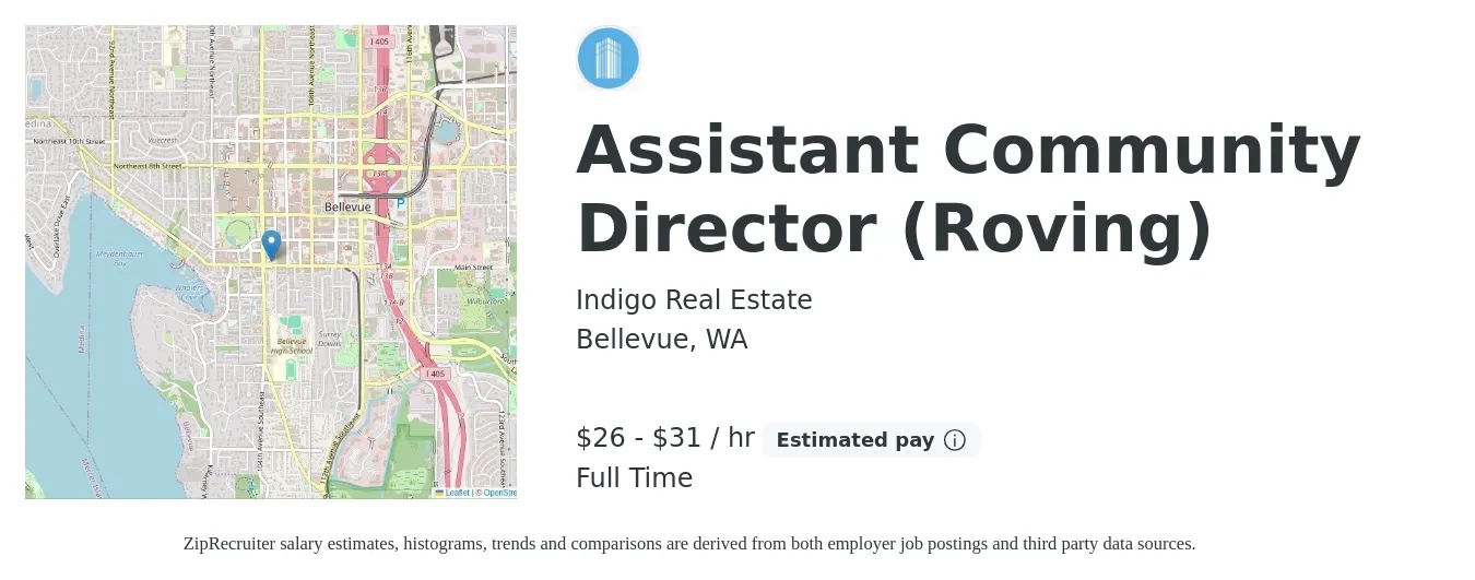 Indigo Real Estate job posting for a Assistant Community Director (Roving) in Bellevue, WA with a salary of $28 to $33 Hourly with a map of Bellevue location.