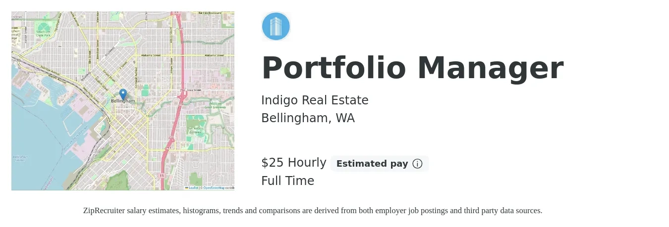 Indigo Real Estate job posting for a Portfolio Manager in Bellingham, WA with a salary of $26 Hourly with a map of Bellingham location.