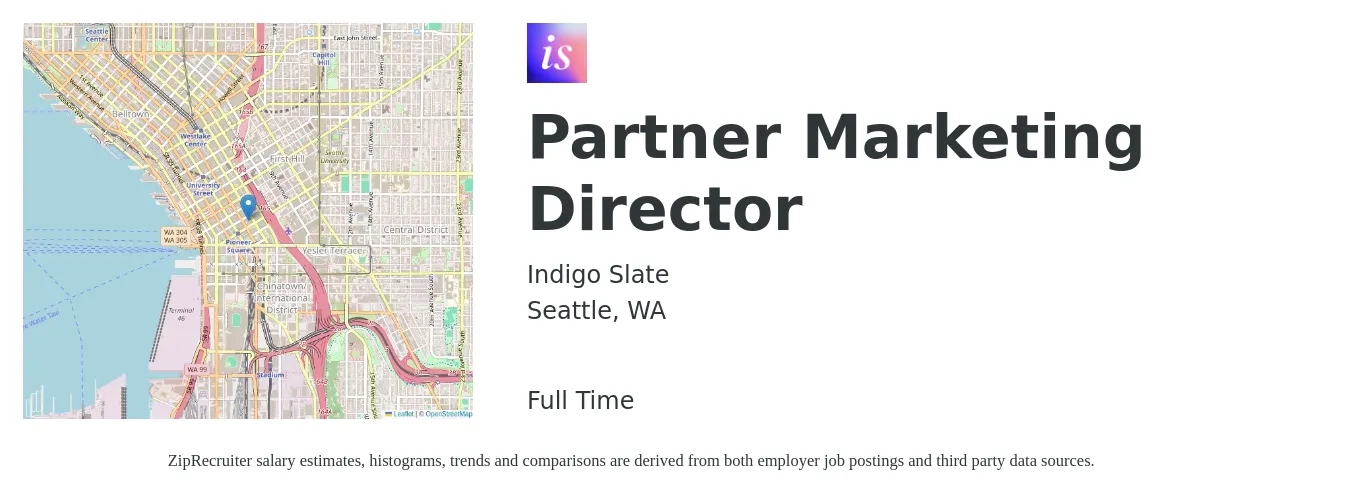 Indigo Slate job posting for a Partner Marketing Director in Seattle, WA with a salary of $150,800 to $179,200 Yearly with a map of Seattle location.