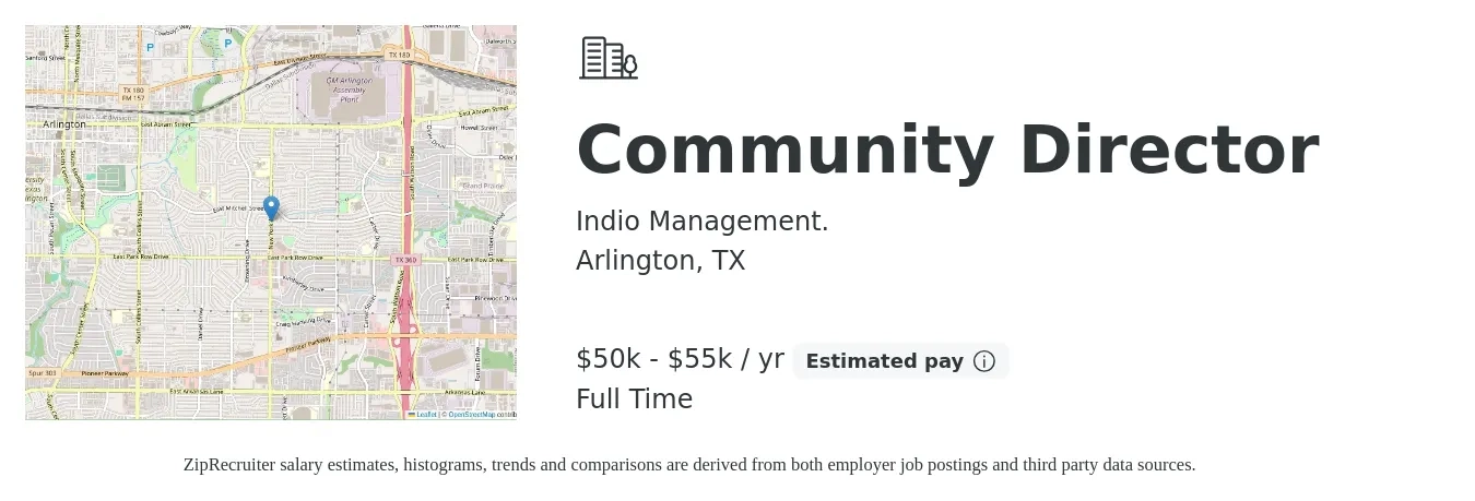 Indio Management. job posting for a Community Director in Arlington, TX with a salary of $50,000 to $55,000 Yearly with a map of Arlington location.