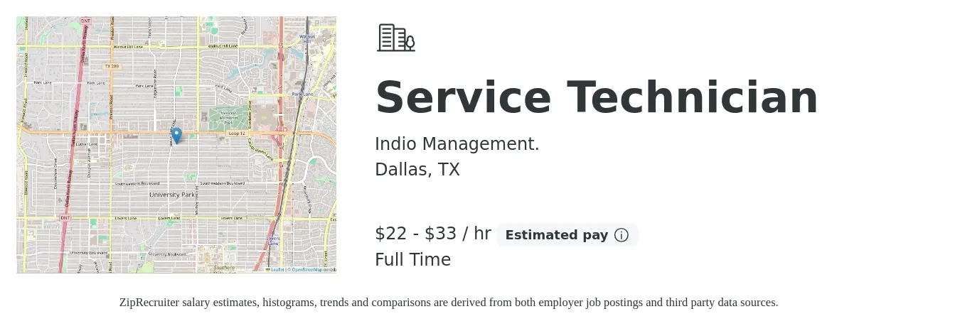 Indio Management. job posting for a Service Technician in Dallas, TX with a salary of $19 to $26 Hourly with a map of Dallas location.
