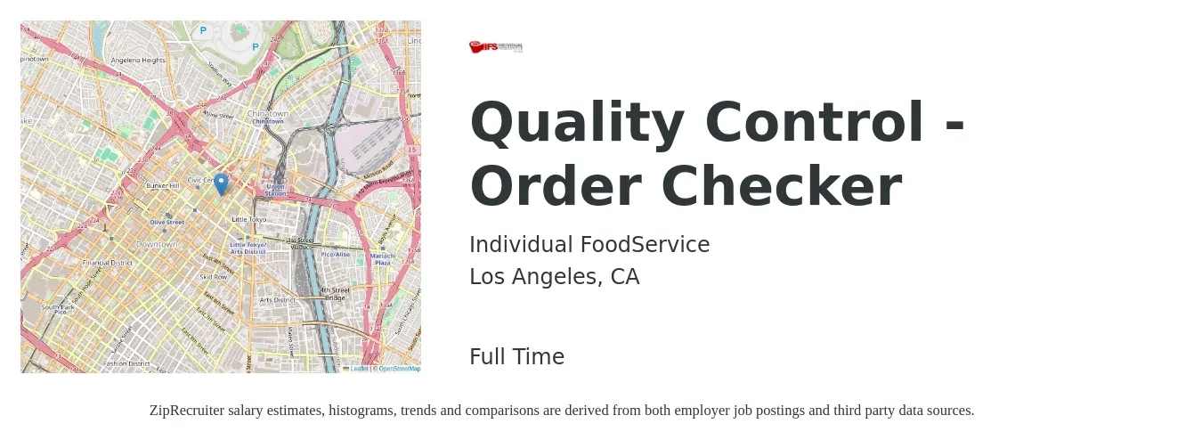 Individual FoodService job posting for a Quality Control - Order Checker in Los Angeles, CA with a salary of $19 Hourly with a map of Los Angeles location.