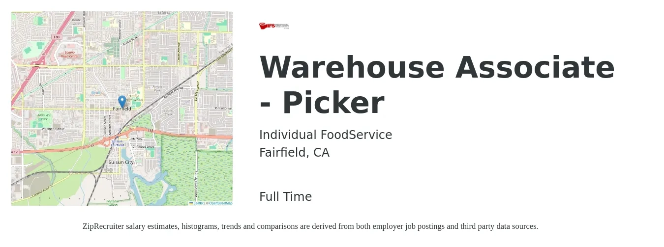 Individual FoodService job posting for a Warehouse Associate - Picker in Fairfield, CA with a salary of $16 to $19 Hourly with a map of Fairfield location.