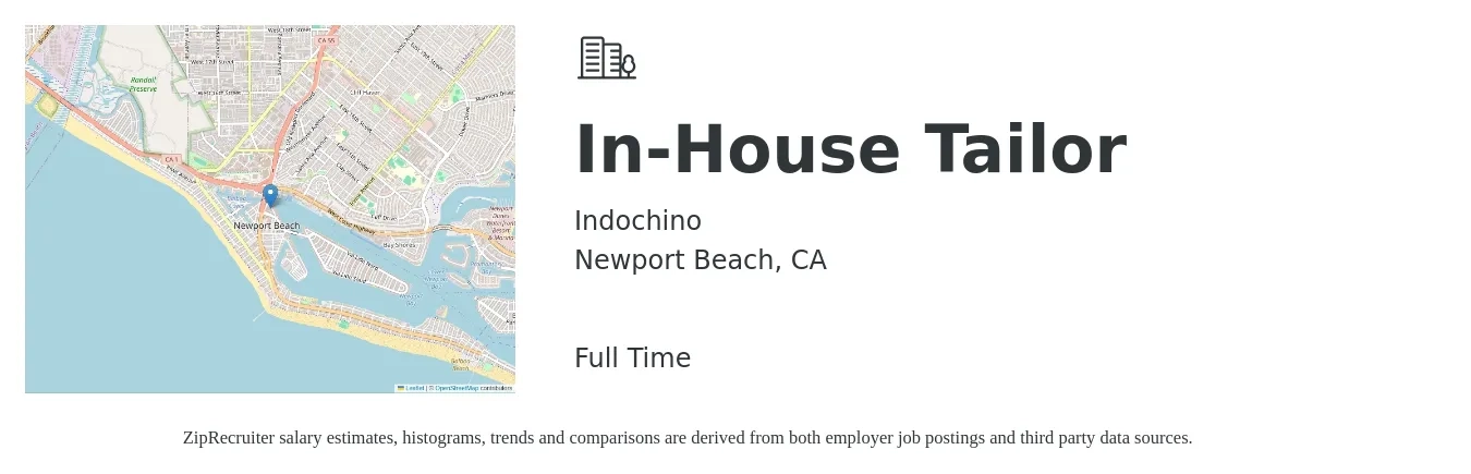 Indochino job posting for a In-House Tailor in Newport Beach, CA with a salary of $20 to $28 Hourly with a map of Newport Beach location.