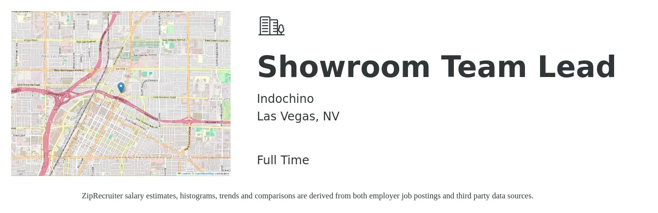 Indochino job posting for a Showroom Team Lead in Las Vegas, NV with a salary of $16 to $19 Hourly with a map of Las Vegas location.