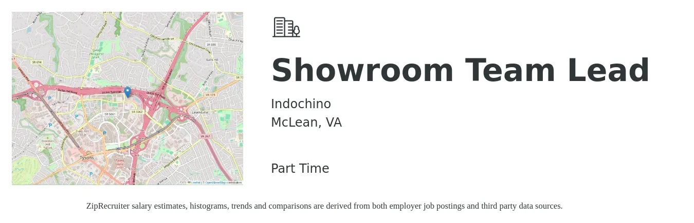 Indochino job posting for a Showroom Team Lead in McLean, VA with a salary of $16 to $25 Hourly with a map of McLean location.