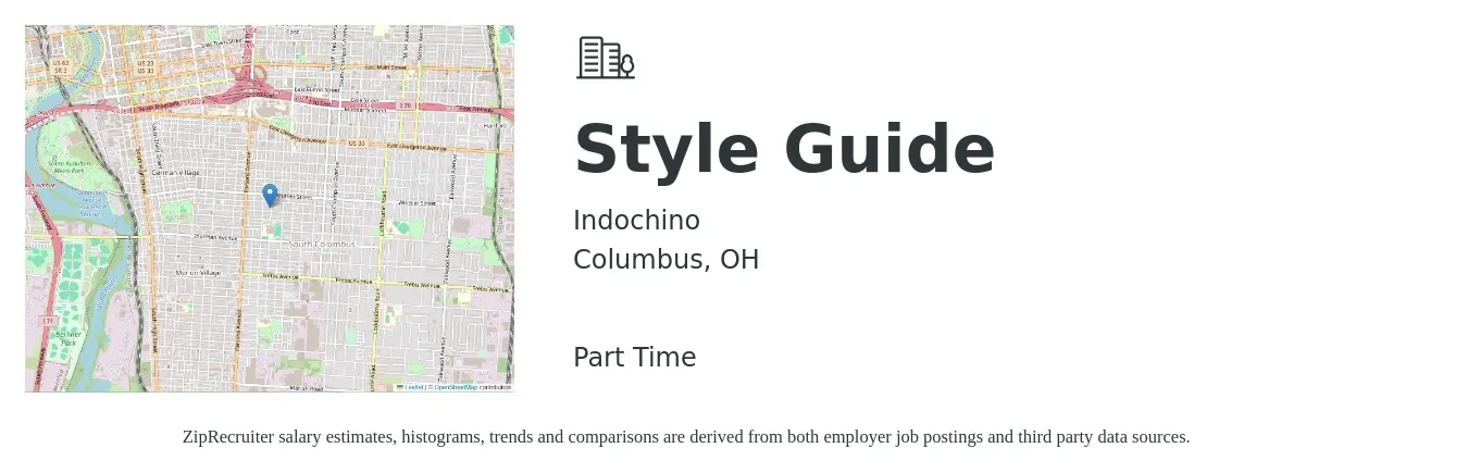 Indochino job posting for a Style Guide in Columbus, OH with a salary of $13 to $21 Hourly with a map of Columbus location.