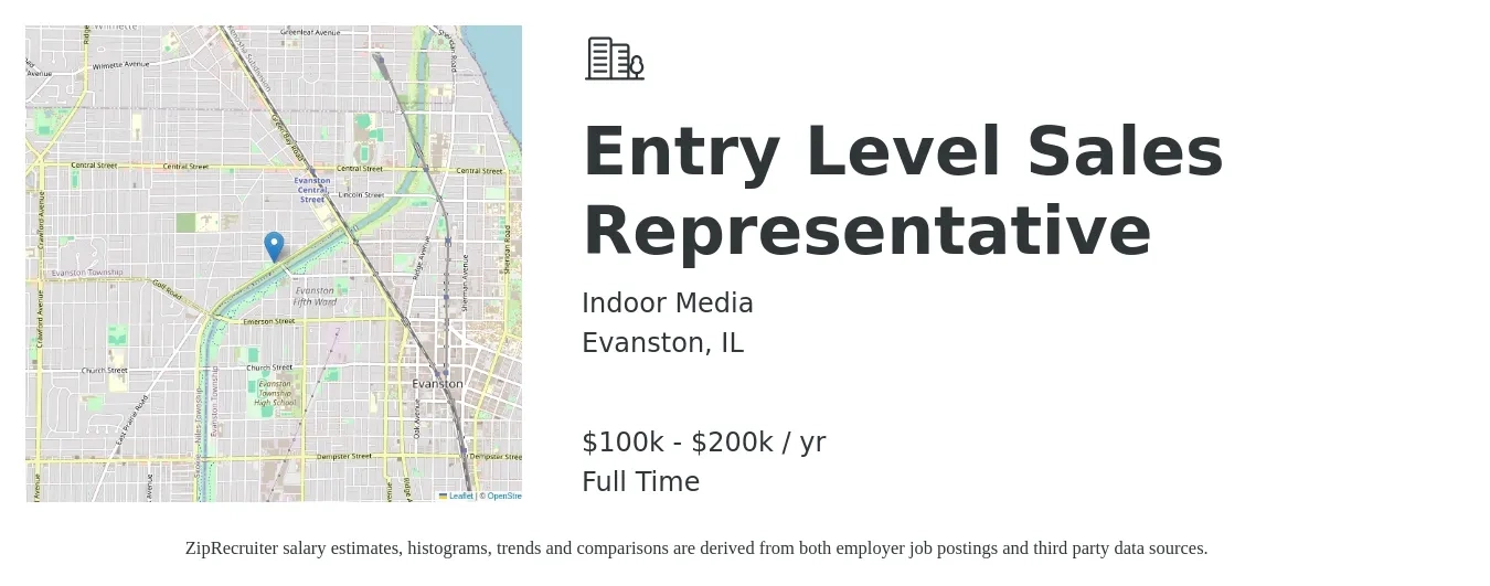 Indoor Media job posting for a Entry Level Sales Representative in Evanston, IL with a salary of $100,000 to $200,000 Yearly with a map of Evanston location.
