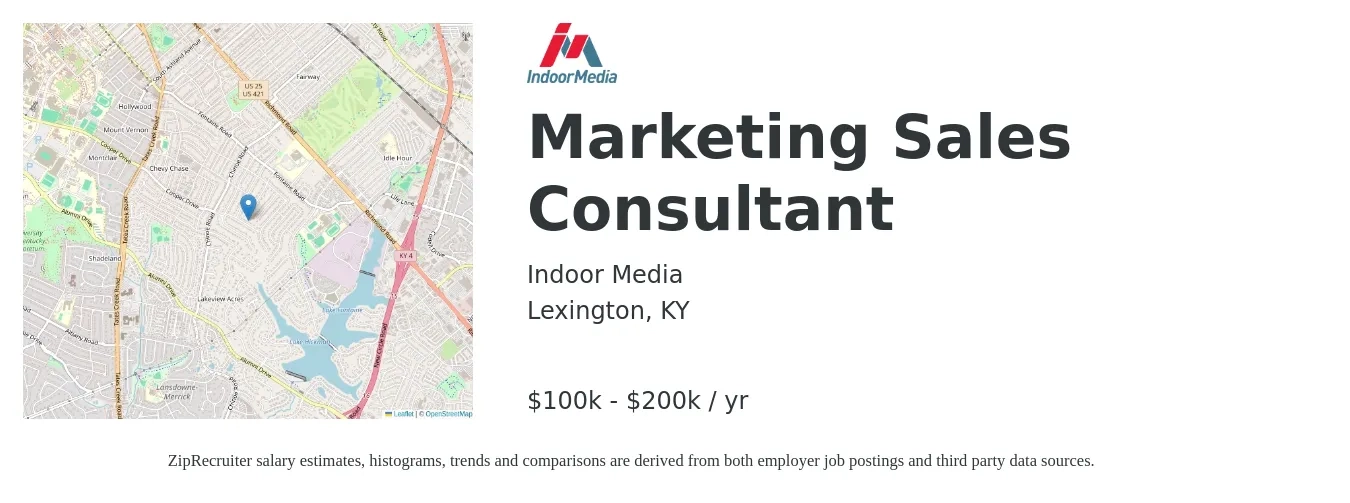 IndoorMedia job posting for a Marketing Sales Consultant in Lexington, KY with a salary of $100,000 to $200,000 Yearly with a map of Lexington location.