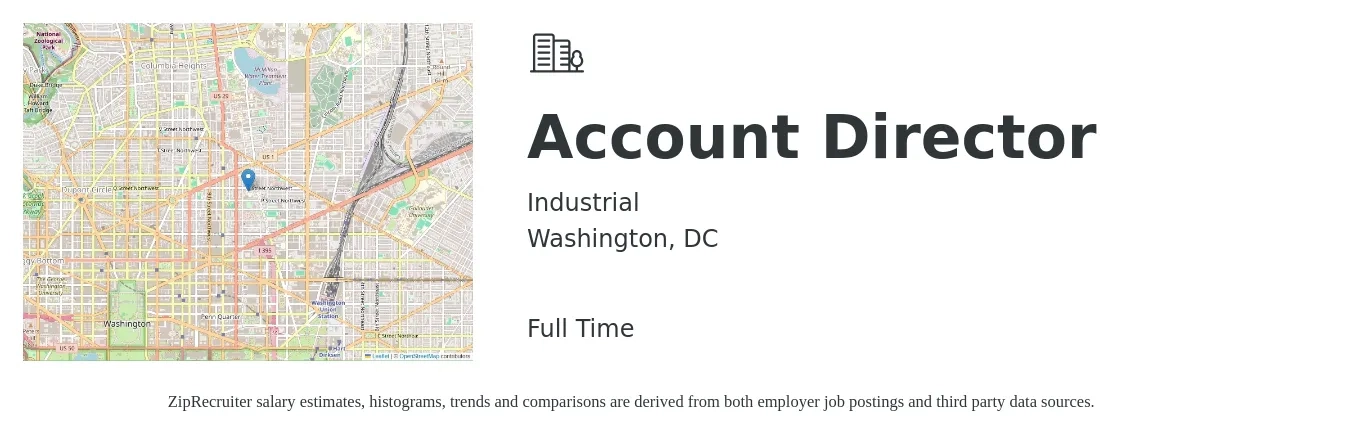 Industrial job posting for a Account Director in Washington, DC with a salary of $107,200 to $138,200 Yearly with a map of Washington location.