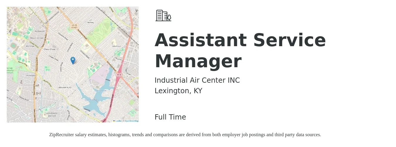 Industrial Air Center INC job posting for a Assistant Service Manager in Lexington, KY with a salary of $36,500 to $58,800 Yearly with a map of Lexington location.