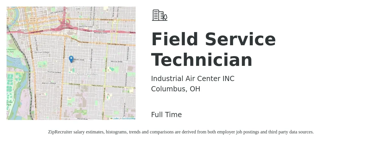 Industrial Air Center INC job posting for a Field Service Technician in Columbus, OH with a salary of $19 to $29 Hourly with a map of Columbus location.
