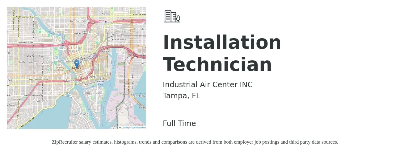 Industrial Air Center INC job posting for a Installation Technician in Tampa, FL with a salary of $19 to $25 Hourly with a map of Tampa location.