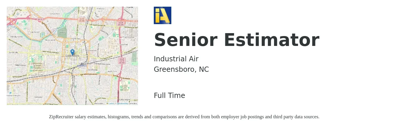 Industrial Air job posting for a Senior Estimator in Greensboro, NC with a salary of $97,400 to $140,000 Yearly with a map of Greensboro location.